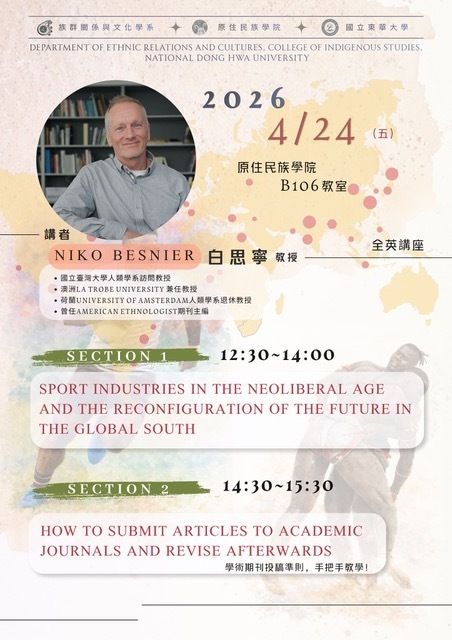 【講座】講者:NIKO BESNIER（Adjunct Professor, Department of Social Inquiry, La Trobe University, Australia） 、講題:The Sport Industries in the Neoliberal Age & the Reconfiguration of the Future in the Global South圖片