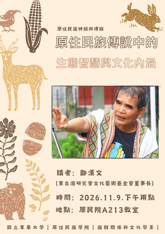 【講座】【原住民族神話與傳說】課程講座-11/17｜鄭漢文(東台灣研究會文化藝術基金會董事長）原住民族傳說中的生態智慧與文化內涵圖片